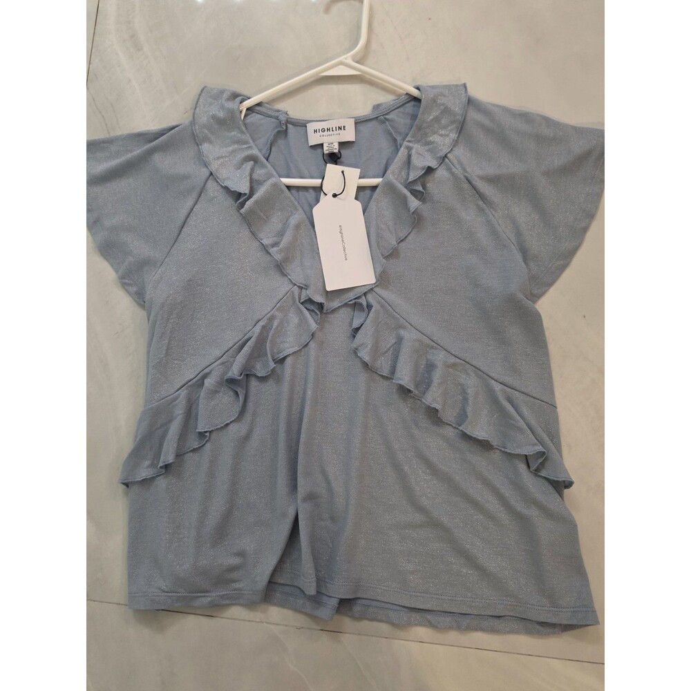 NWT Womens Light Blue Pullover Cap sleeve Blouse Highline Collective Ruffles M